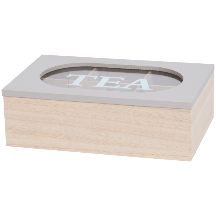 Caja de té con texto