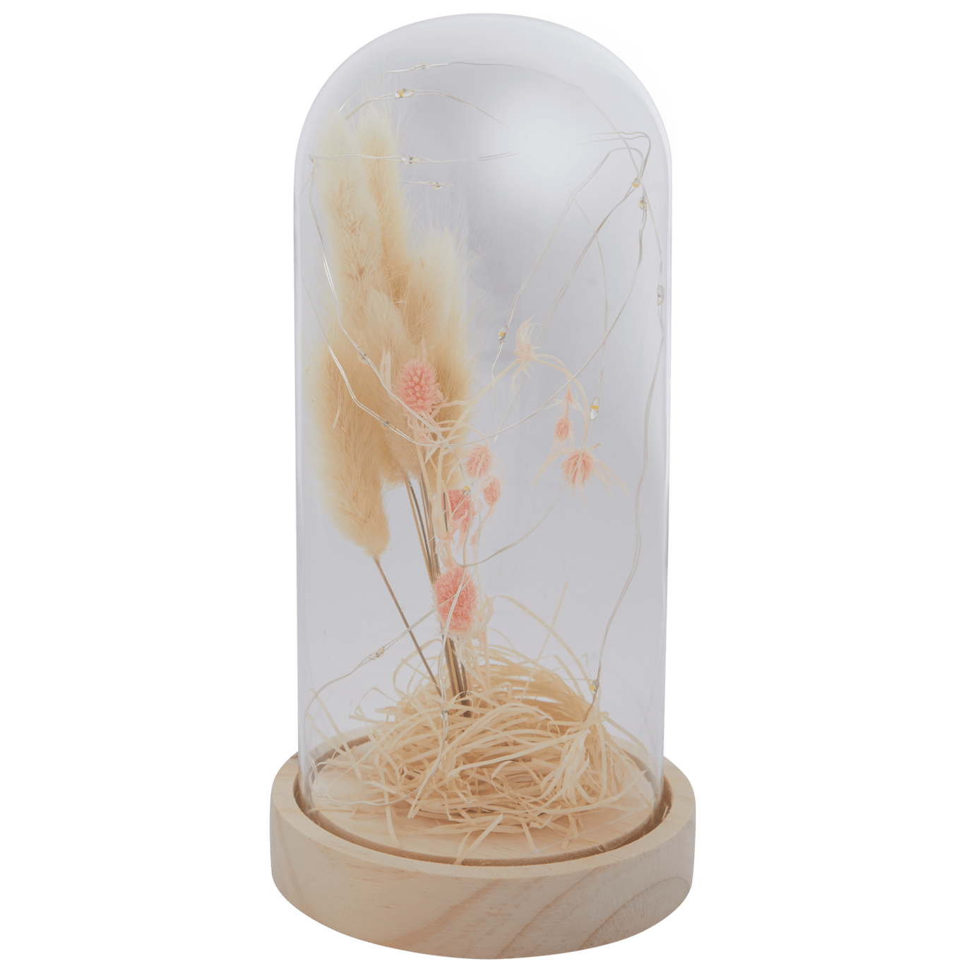 Glasglocke mit Trockenblumen und Lichterkette