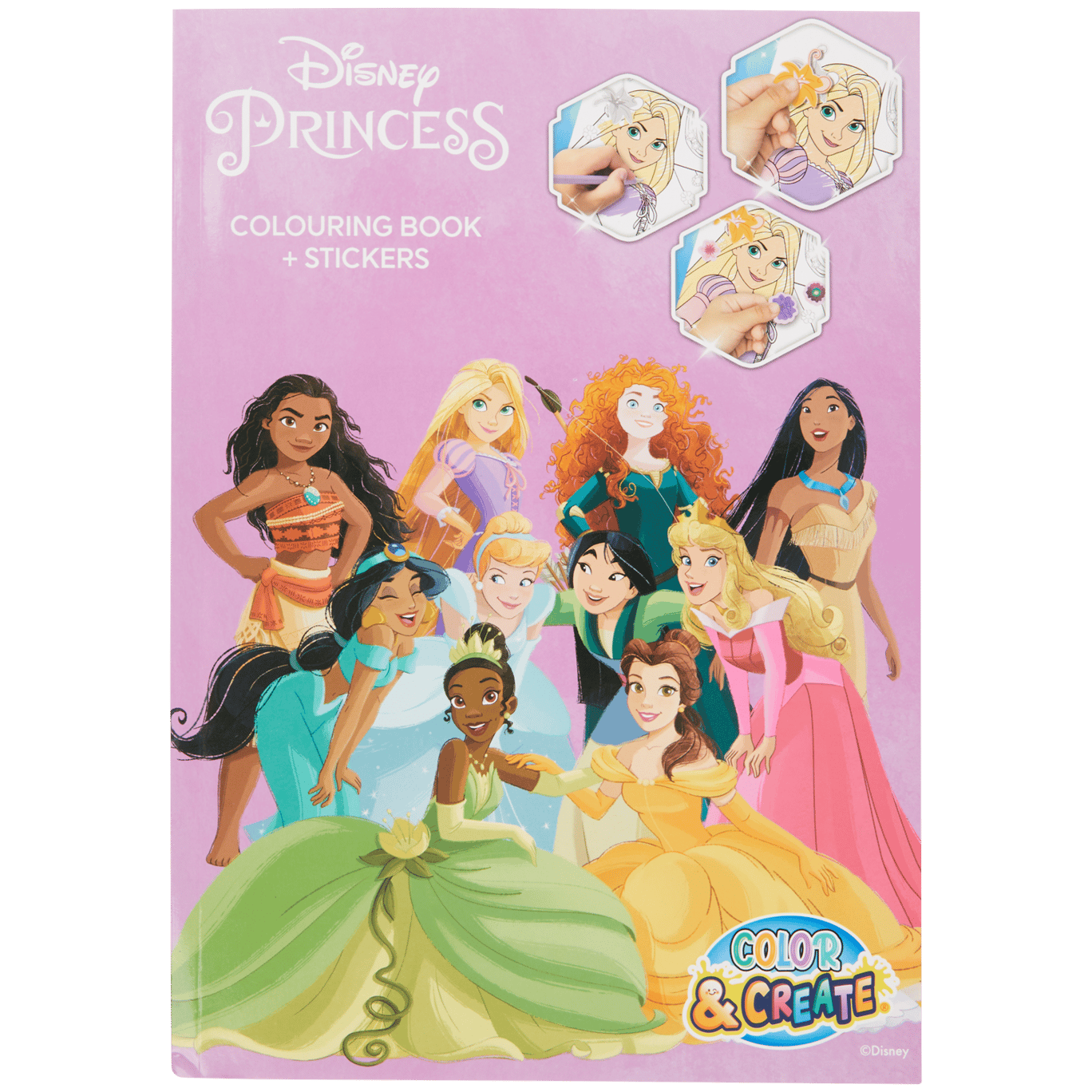 LIVRE DE COLORIAGE PRINCESSE DISNEY AVEC AUTOCOLLANTS – 32 PAGES À colorier  – 2 FEUILLES D'AUTOCOLLANTS – Exigoshop