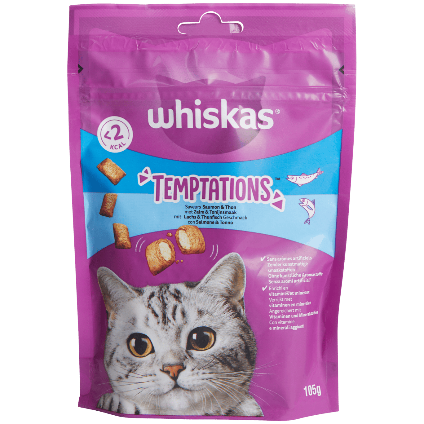 Snacks para gatos Whiskas Temptations Salmão e marisco