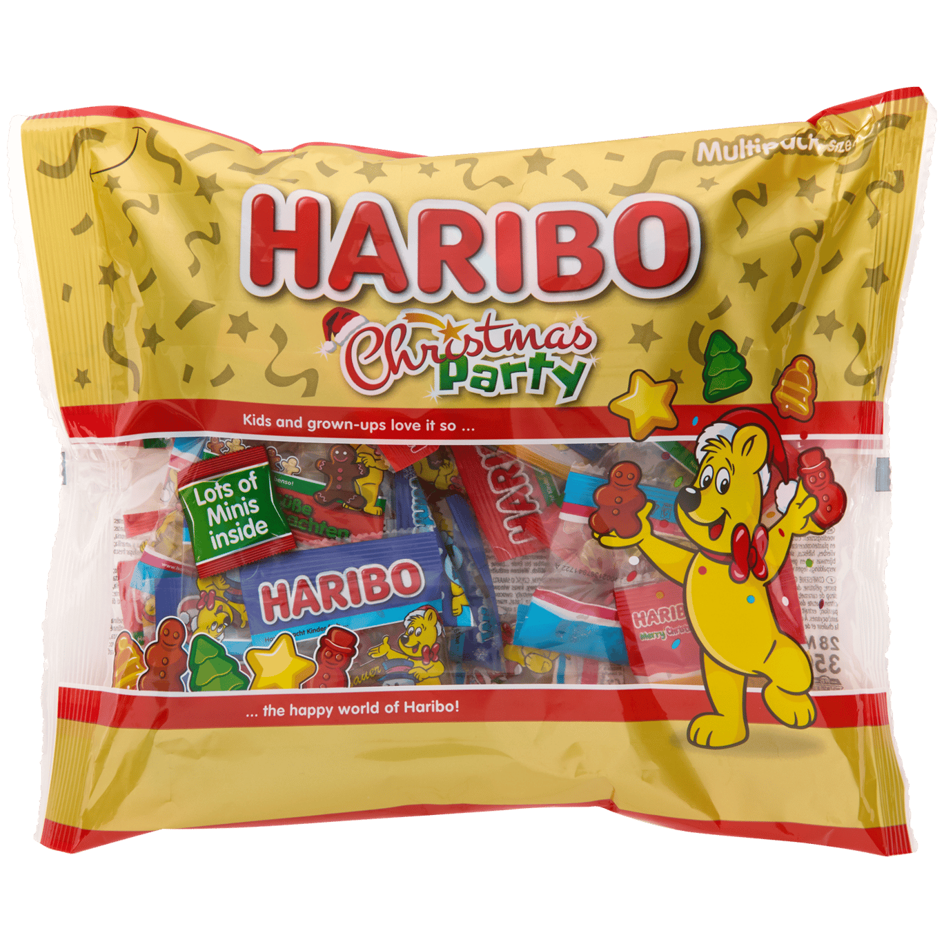 Balení plné malých sáčků Haribo Christmas Party