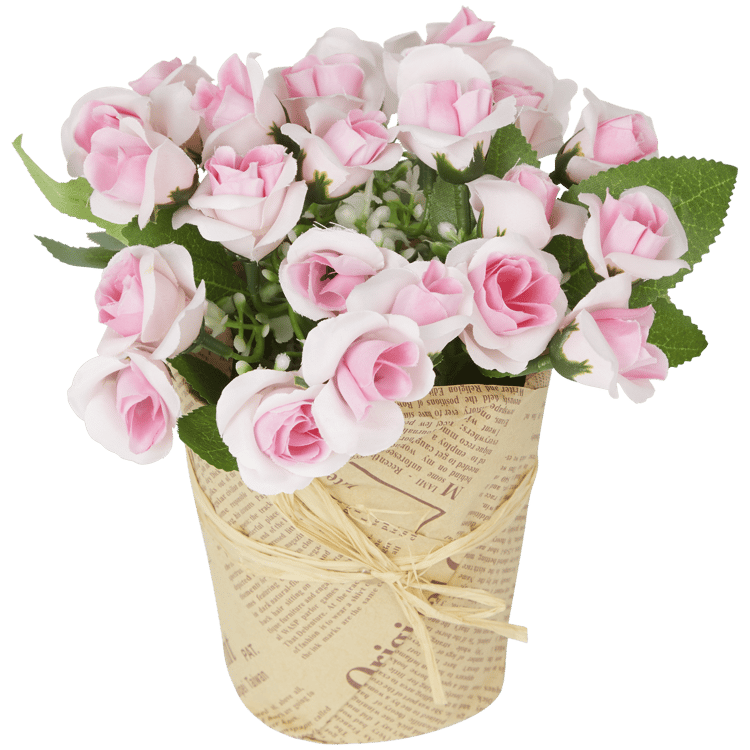 Rosas artificiales en maceta de papel