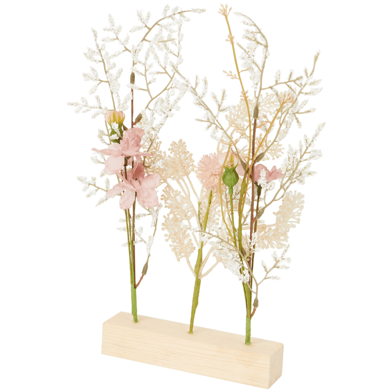 Flores secas artificiais em base de madeira
