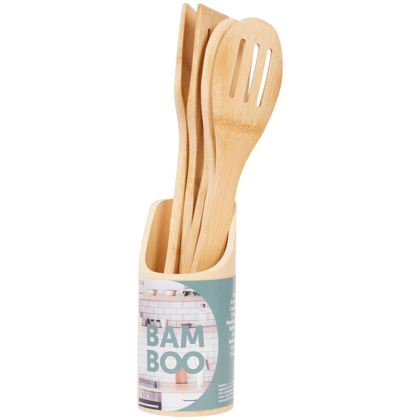 Suporte + conjunto de utensílios de cozinha de bambu