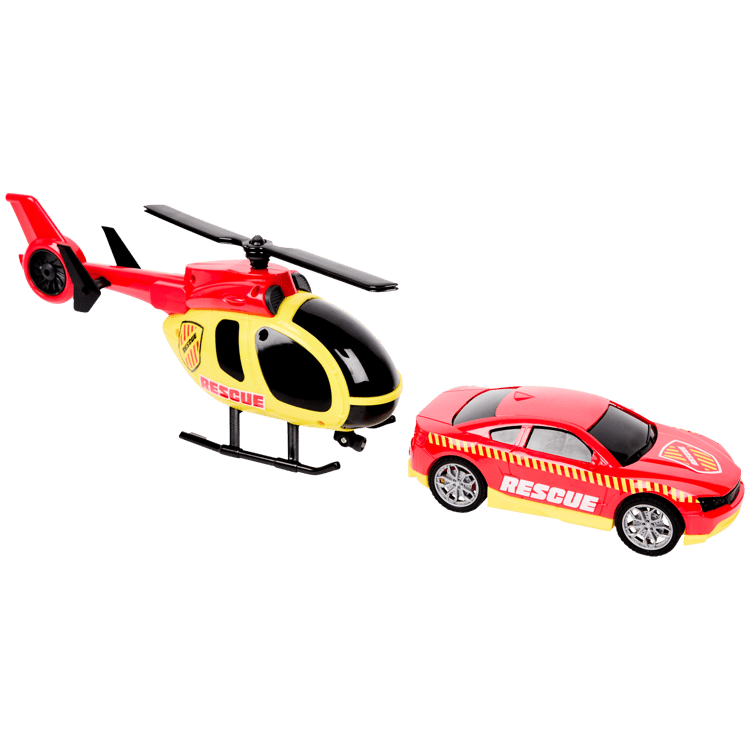 Helicóptero e automóvel de resgate