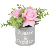 Flor artificial en maceta con texto