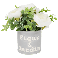 Flor artificial en maceta con texto