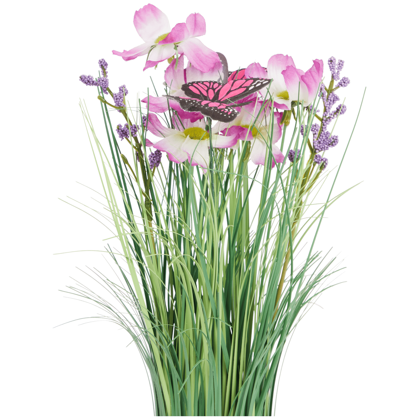 Trs umělé trávy s květinami a motýly